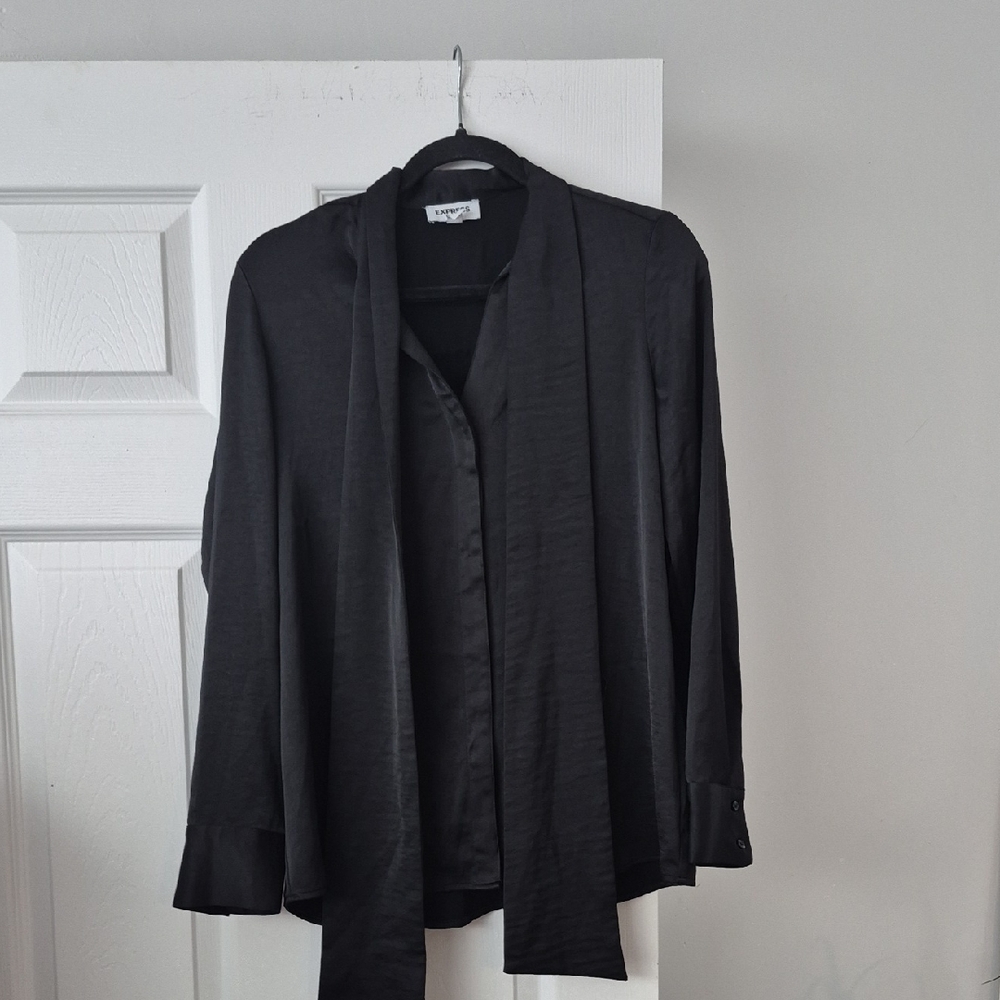 Express Black Tie-Neck Blouse | Long Sleeve Work Office Top | Women’s
